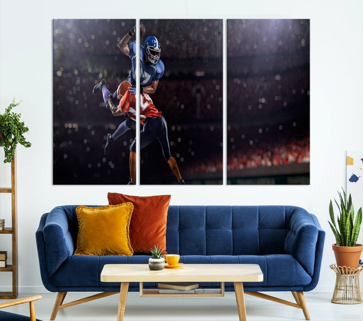 The dining room features the American Football Wall Art Canvas Print, a striking stadium sport piece on a gallery-wrapped, museum-quality canvas with UV-protective coating.