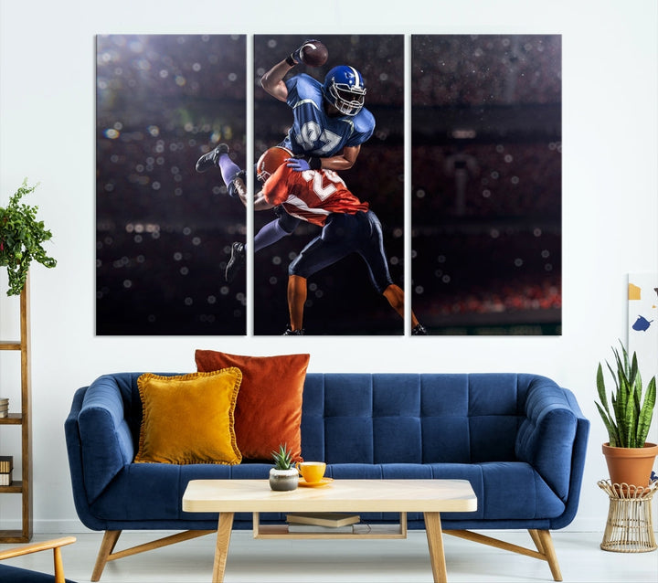 A stylish living room featuring a large gallery-quality American Football Wall Art Canvas Print, showcasing stadium sport imagery, on the wall.