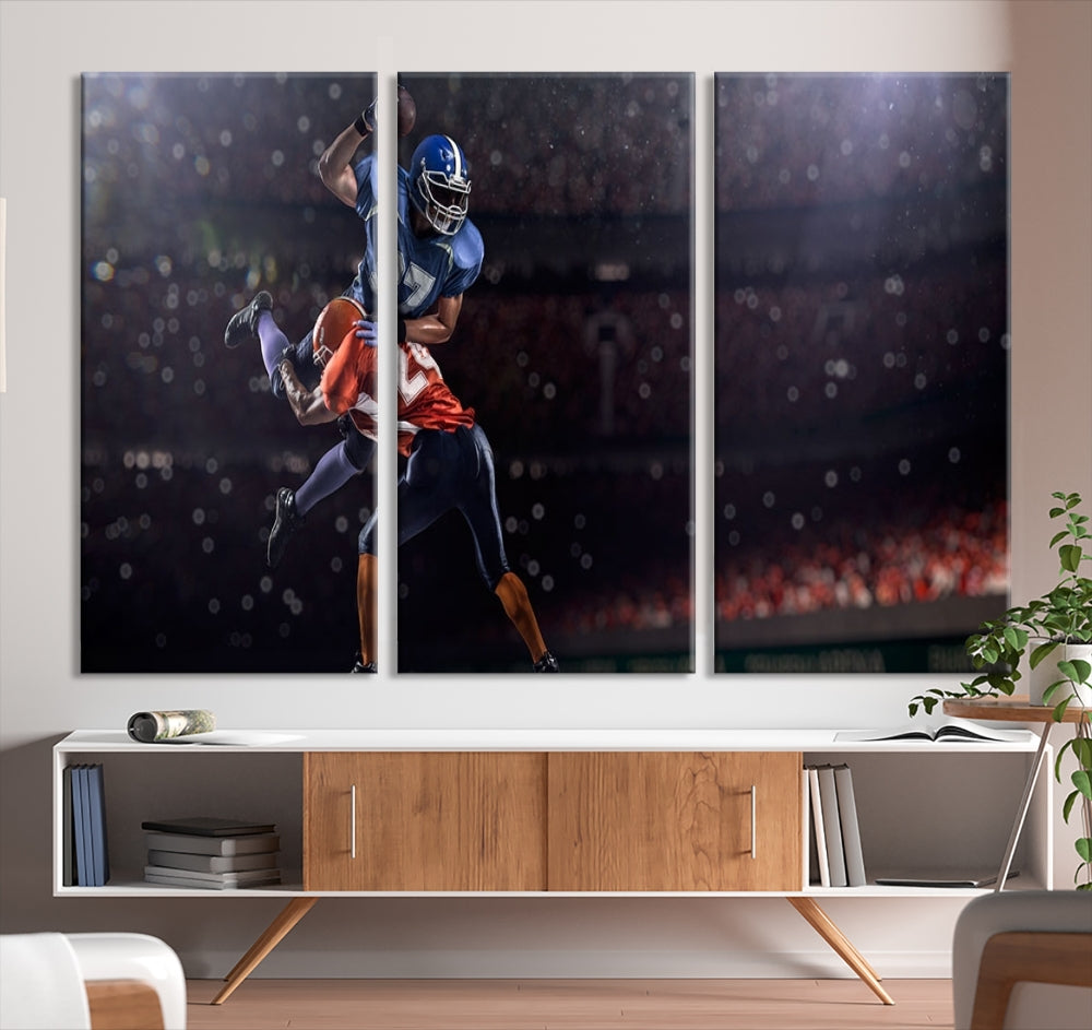 The dining room features the American Football Wall Art Canvas Print, a striking stadium sport piece on a gallery-wrapped, museum-quality canvas with UV-protective coating.