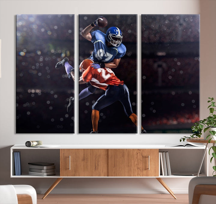 A stylish living room featuring a large gallery-quality American Football Wall Art Canvas Print, showcasing stadium sport imagery, on the wall.