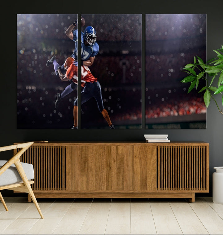 The dining room features the American Football Wall Art Canvas Print, a striking stadium sport piece on a gallery-wrapped, museum-quality canvas with UV-protective coating.