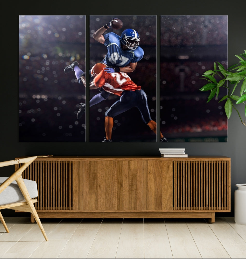 A stylish living room featuring a large gallery-quality American Football Wall Art Canvas Print, showcasing stadium sport imagery, on the wall.