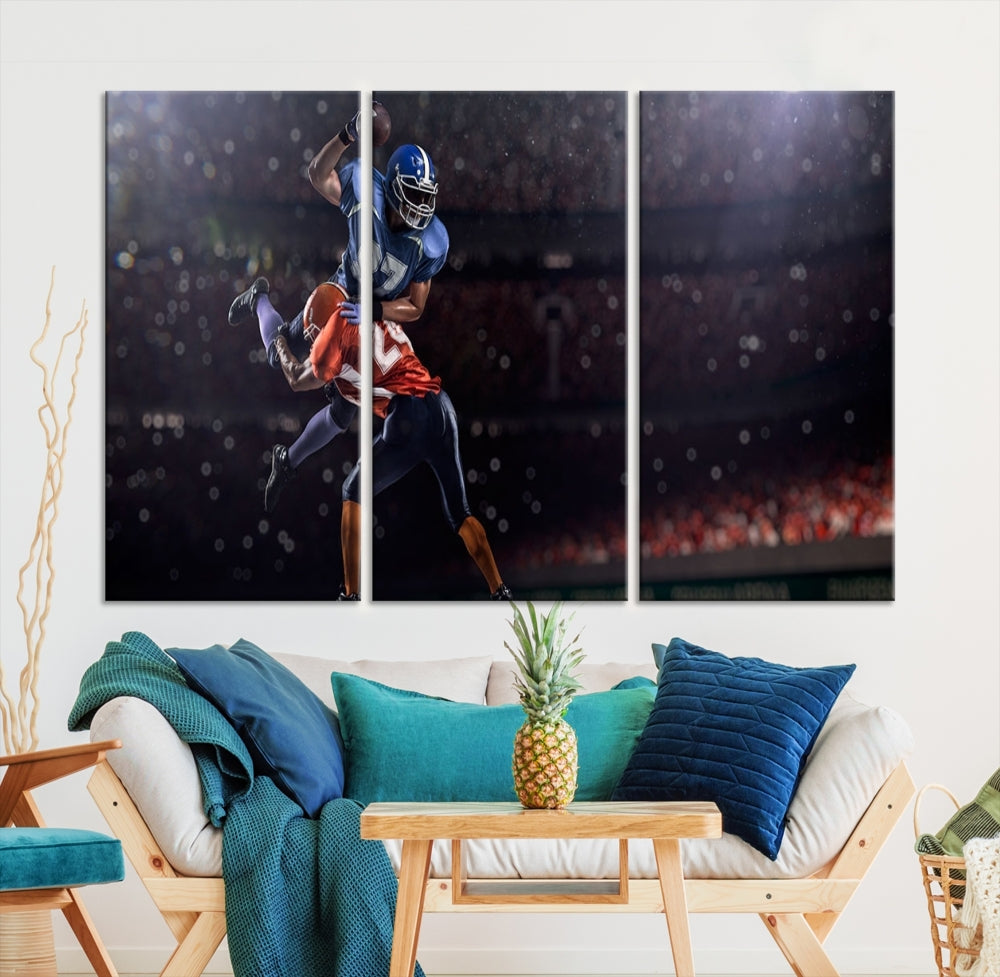 The dining room features the American Football Wall Art Canvas Print, a striking stadium sport piece on a gallery-wrapped, museum-quality canvas with UV-protective coating.