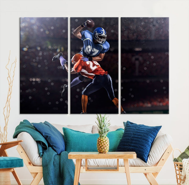 A stylish living room featuring a large gallery-quality American Football Wall Art Canvas Print, showcasing stadium sport imagery, on the wall.