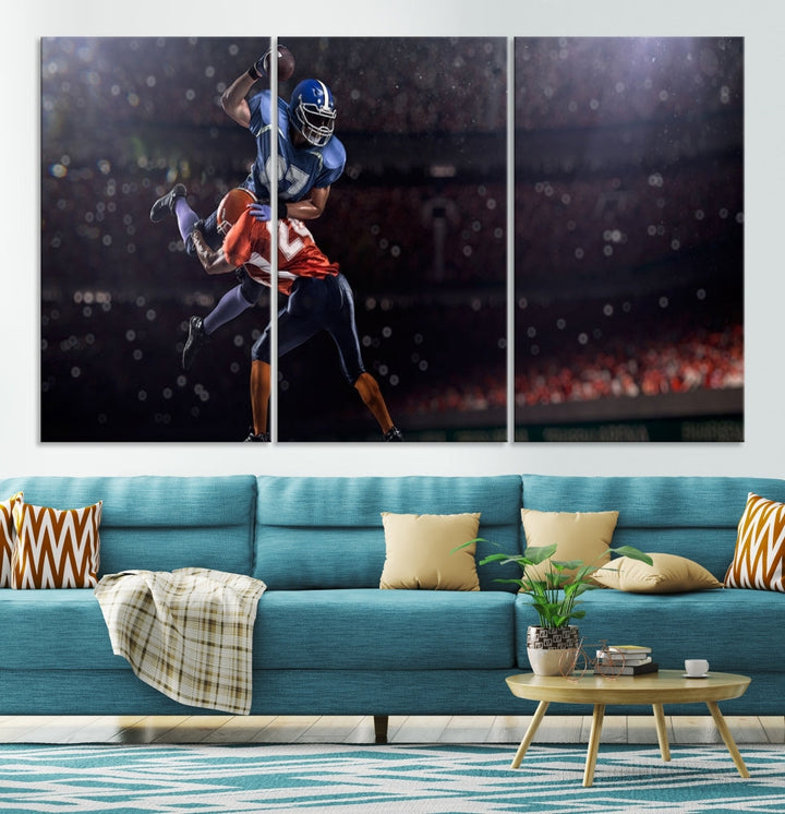 The dining room features the American Football Wall Art Canvas Print, a striking stadium sport piece on a gallery-wrapped, museum-quality canvas with UV-protective coating.