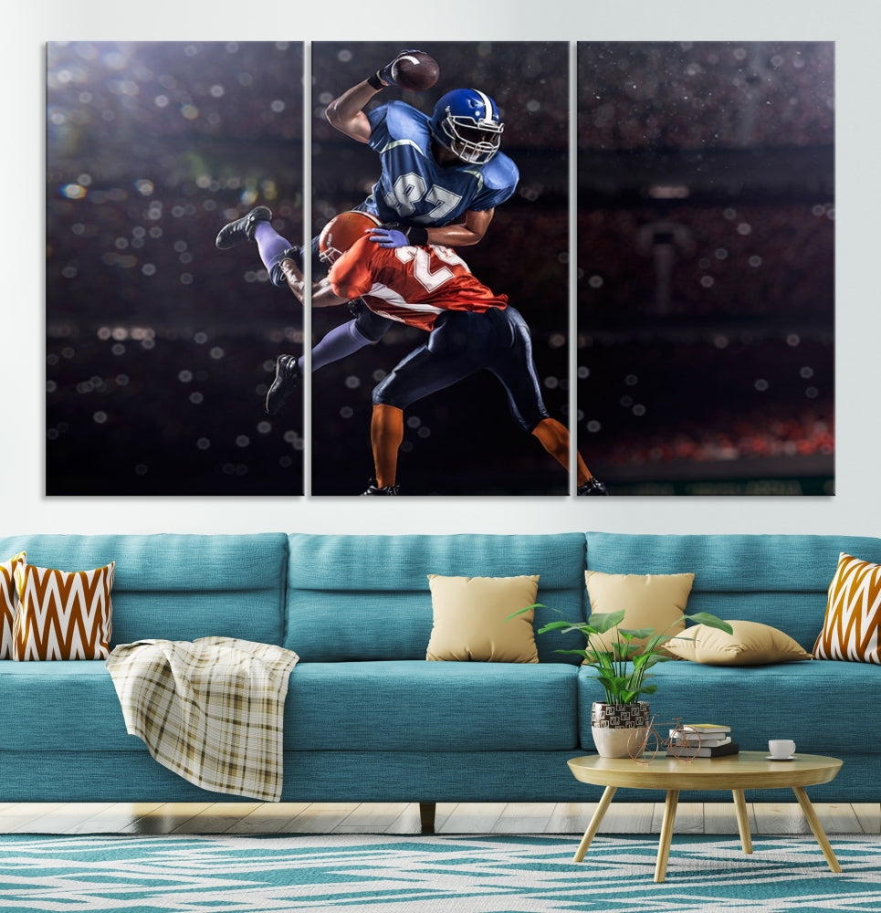 A stylish living room featuring a large gallery-quality American Football Wall Art Canvas Print, showcasing stadium sport imagery, on the wall.