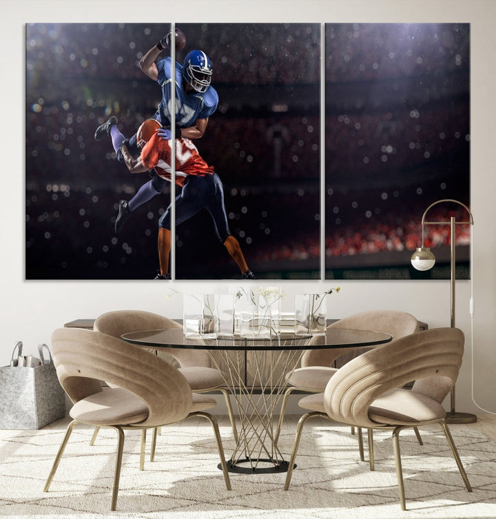 The dining room features the American Football Wall Art Canvas Print, a striking stadium sport piece on a gallery-wrapped, museum-quality canvas with UV-protective coating.