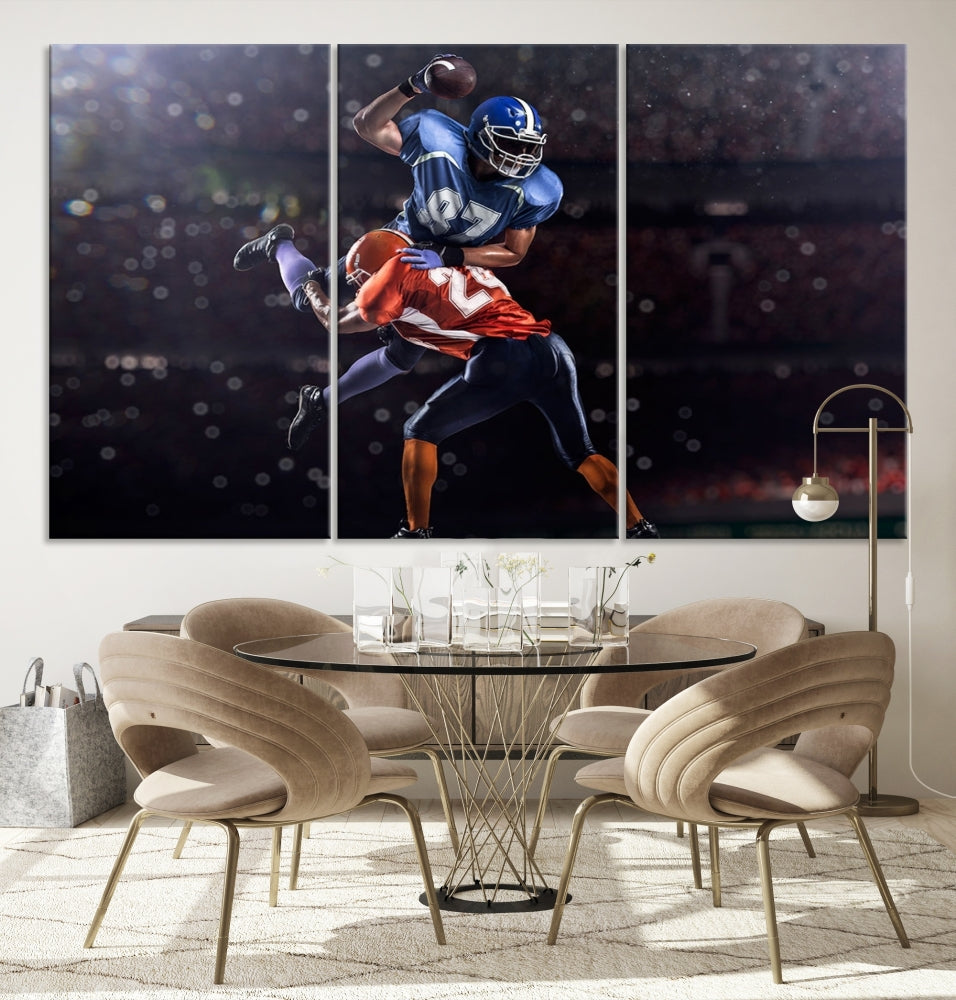 A stylish living room featuring a large gallery-quality American Football Wall Art Canvas Print, showcasing stadium sport imagery, on the wall.