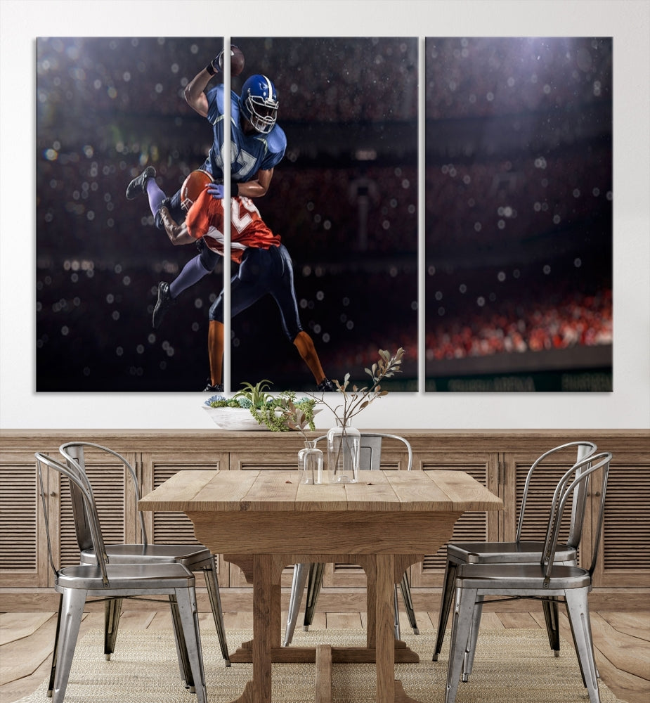 The dining room features the American Football Wall Art Canvas Print, a striking stadium sport piece on a gallery-wrapped, museum-quality canvas with UV-protective coating.