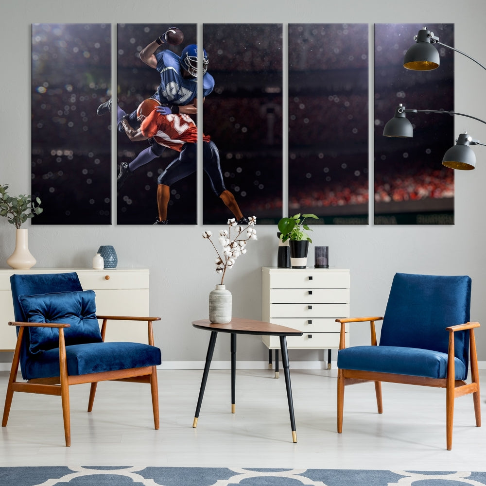 The dining room features the American Football Wall Art Canvas Print, a striking stadium sport piece on a gallery-wrapped, museum-quality canvas with UV-protective coating.