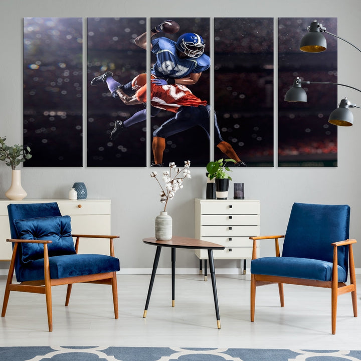 A stylish living room featuring a large gallery-quality American Football Wall Art Canvas Print, showcasing stadium sport imagery, on the wall.