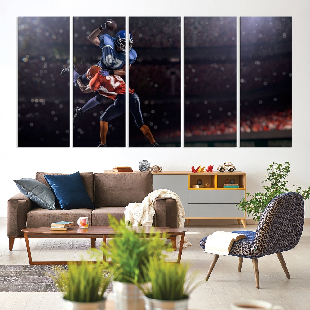 The dining room features the American Football Wall Art Canvas Print, a striking stadium sport piece on a gallery-wrapped, museum-quality canvas with UV-protective coating.