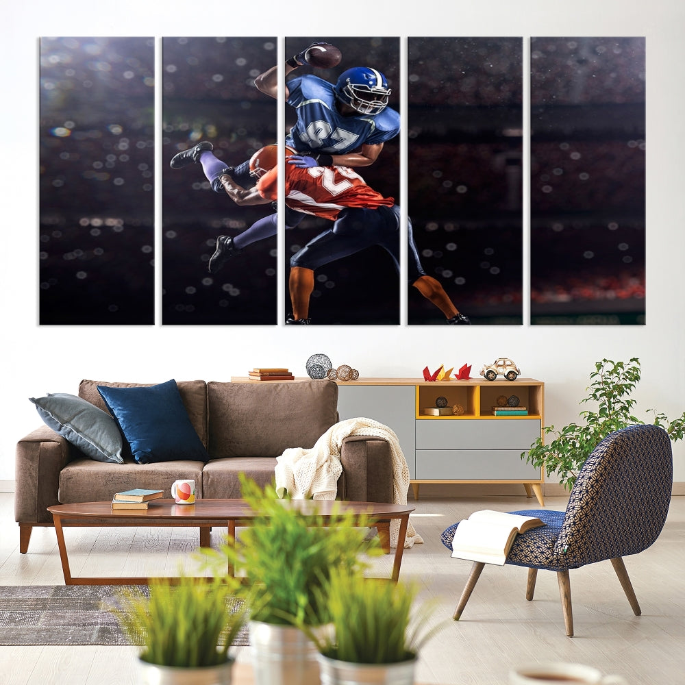 A stylish living room featuring a large gallery-quality American Football Wall Art Canvas Print, showcasing stadium sport imagery, on the wall.