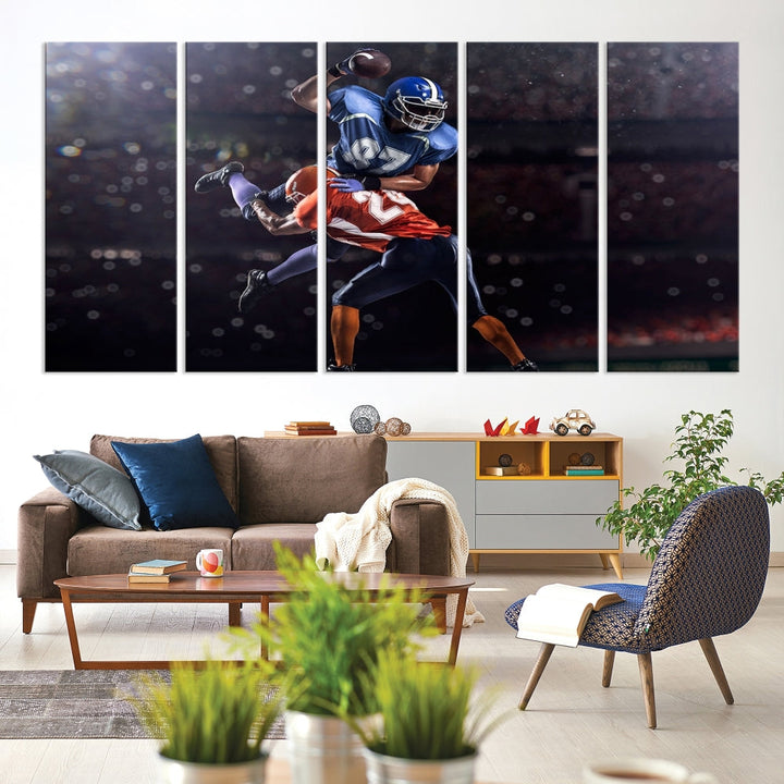 A stylish living room featuring a large gallery-quality American Football Wall Art Canvas Print, showcasing stadium sport imagery, on the wall.