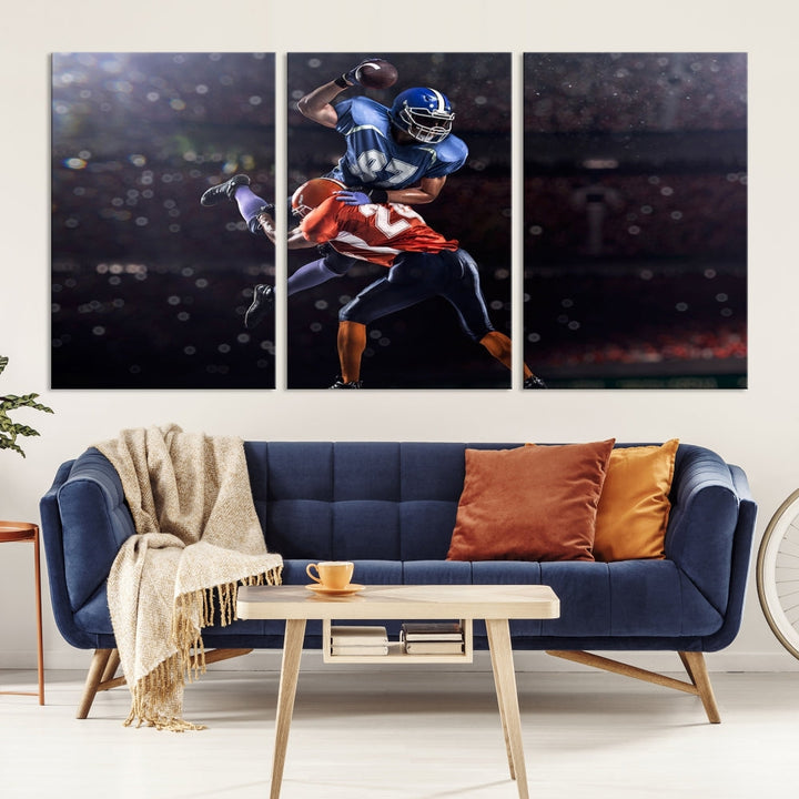 A stylish living room featuring a large gallery-quality American Football Wall Art Canvas Print, showcasing stadium sport imagery, on the wall.