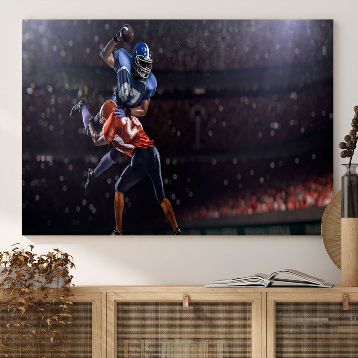 The dining room features the American Football Wall Art Canvas Print, a striking stadium sport piece on a gallery-wrapped, museum-quality canvas with UV-protective coating.