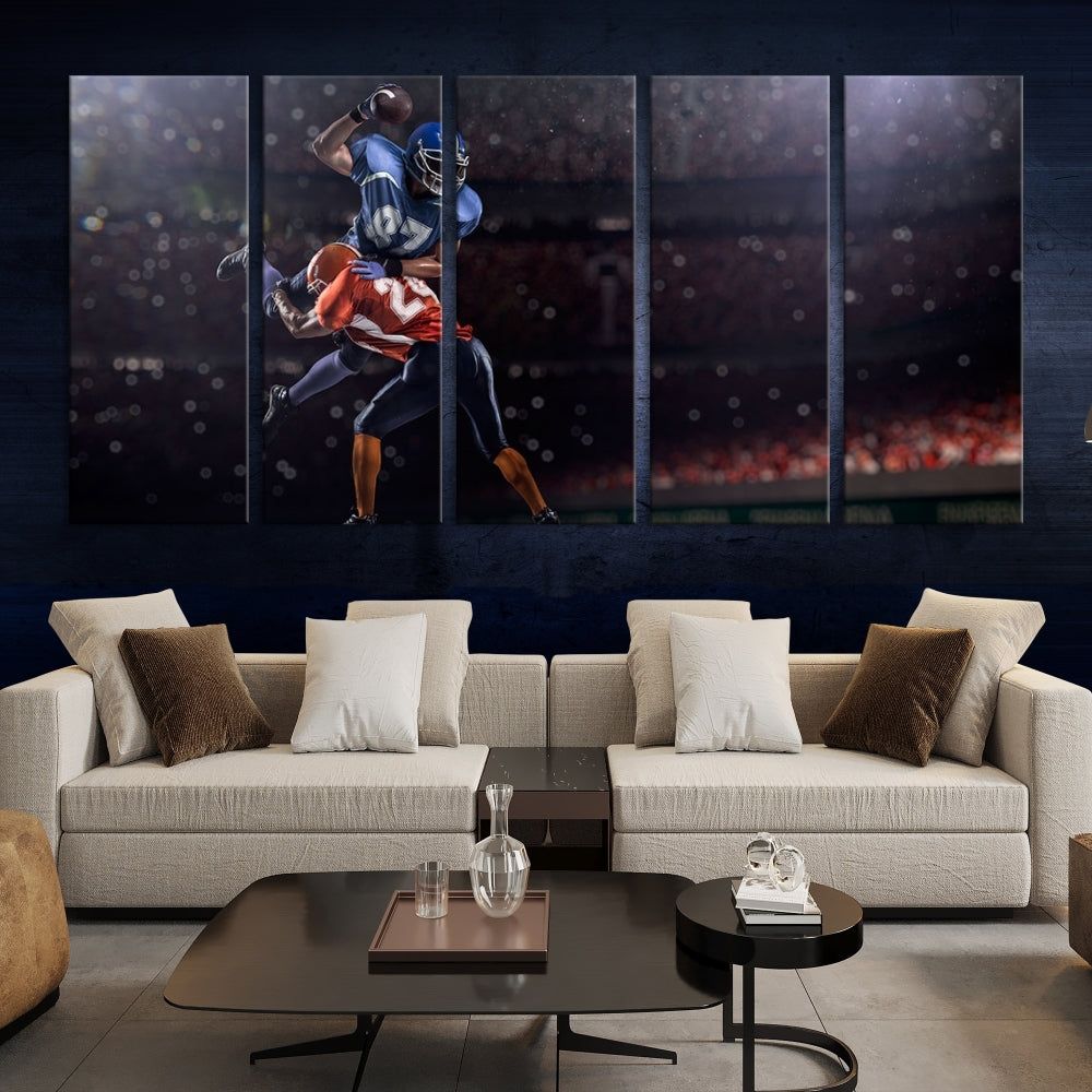 The dining room features the American Football Wall Art Canvas Print, a striking stadium sport piece on a gallery-wrapped, museum-quality canvas with UV-protective coating.