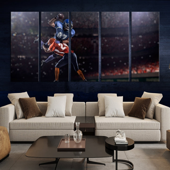 The dining room features the American Football Wall Art Canvas Print, a striking stadium sport piece on a gallery-wrapped, museum-quality canvas with UV-protective coating.