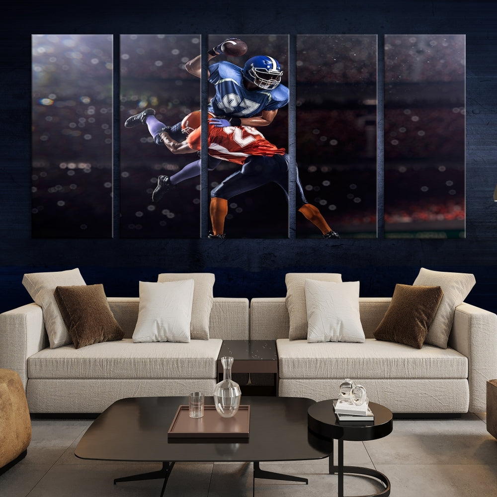 A stylish living room featuring a large gallery-quality American Football Wall Art Canvas Print, showcasing stadium sport imagery, on the wall.