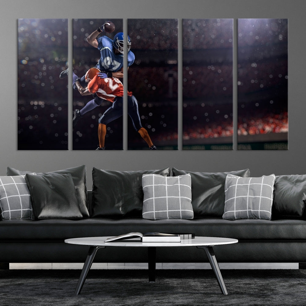 The dining room features the American Football Wall Art Canvas Print, a striking stadium sport piece on a gallery-wrapped, museum-quality canvas with UV-protective coating.