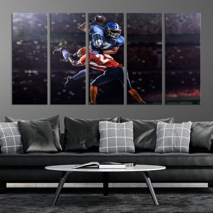 A stylish living room featuring a large gallery-quality American Football Wall Art Canvas Print, showcasing stadium sport imagery, on the wall.