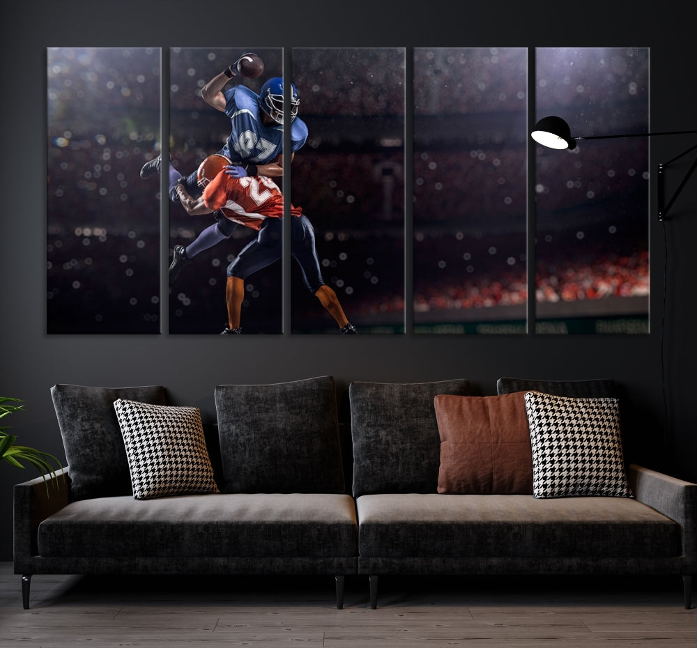 The dining room features the American Football Wall Art Canvas Print, a striking stadium sport piece on a gallery-wrapped, museum-quality canvas with UV-protective coating.