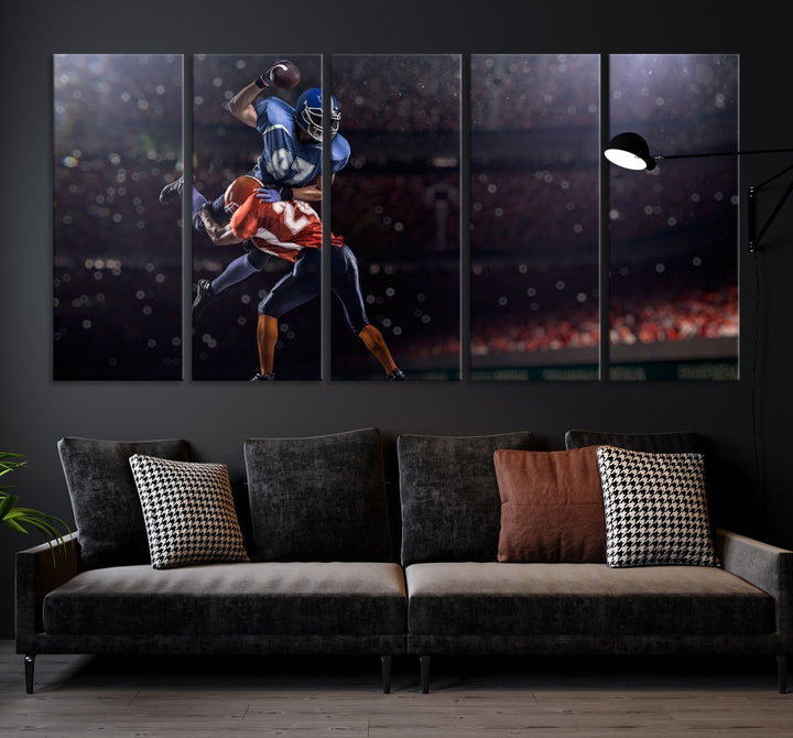 The dining room features the American Football Wall Art Canvas Print, a striking stadium sport piece on a gallery-wrapped, museum-quality canvas with UV-protective coating.