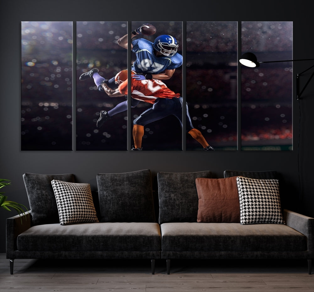 A stylish living room featuring a large gallery-quality American Football Wall Art Canvas Print, showcasing stadium sport imagery, on the wall.