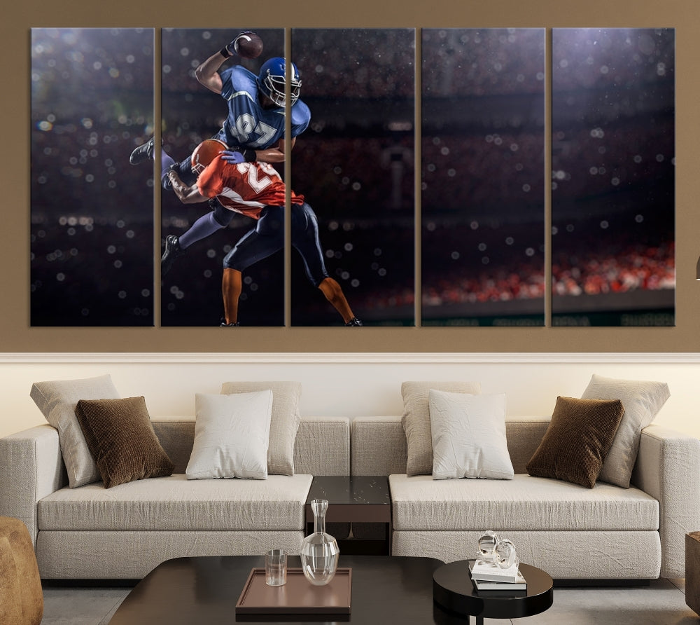 The dining room features the American Football Wall Art Canvas Print, a striking stadium sport piece on a gallery-wrapped, museum-quality canvas with UV-protective coating.