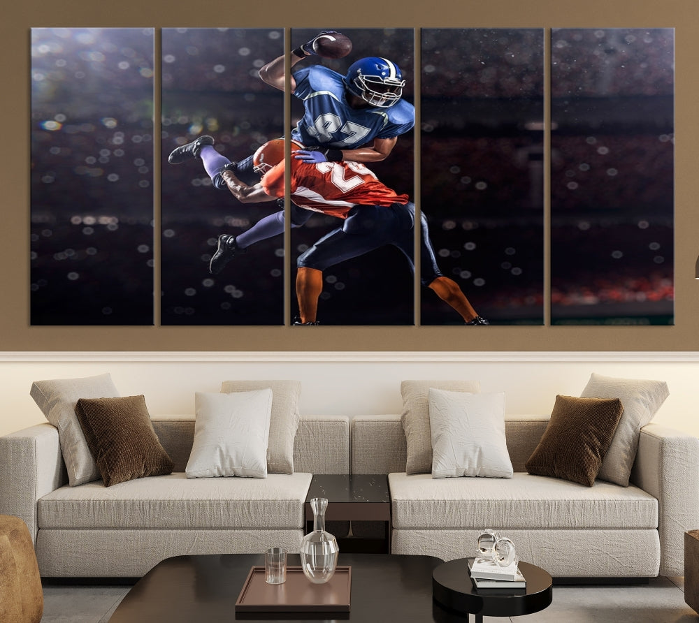 A stylish living room featuring a large gallery-quality American Football Wall Art Canvas Print, showcasing stadium sport imagery, on the wall.