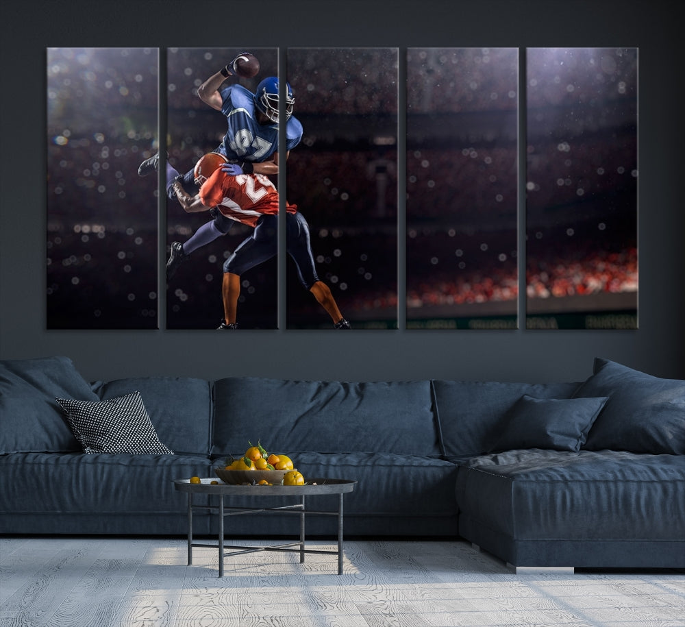 The dining room features the American Football Wall Art Canvas Print, a striking stadium sport piece on a gallery-wrapped, museum-quality canvas with UV-protective coating.