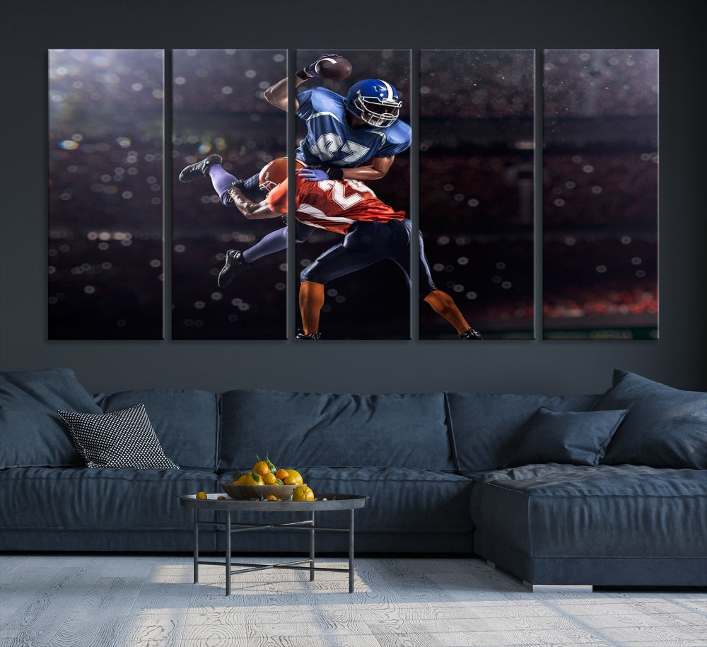 A stylish living room featuring a large gallery-quality American Football Wall Art Canvas Print, showcasing stadium sport imagery, on the wall.