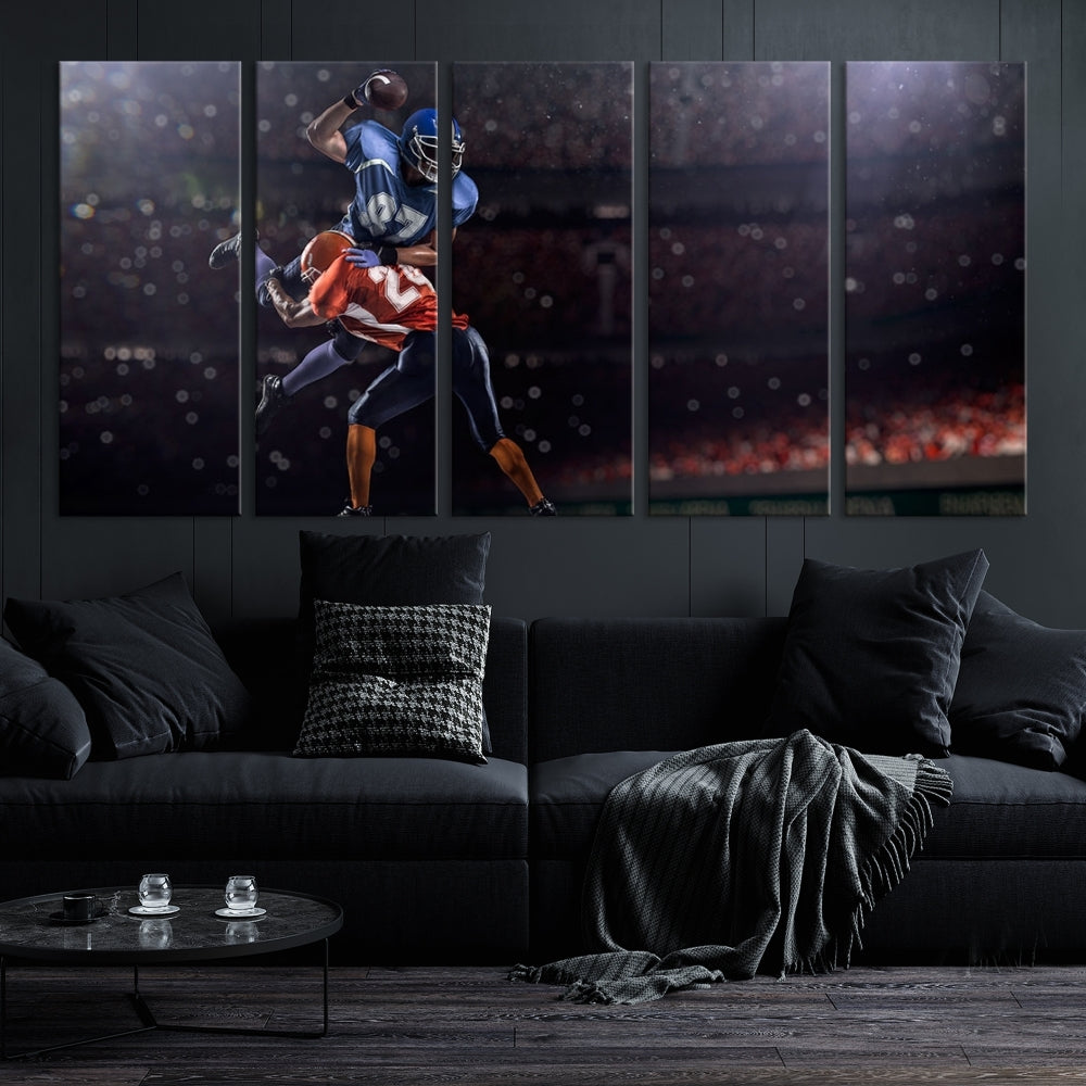 The dining room features the American Football Wall Art Canvas Print, a striking stadium sport piece on a gallery-wrapped, museum-quality canvas with UV-protective coating.