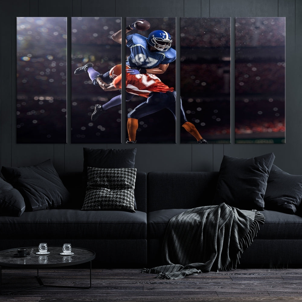 A stylish living room featuring a large gallery-quality American Football Wall Art Canvas Print, showcasing stadium sport imagery, on the wall.