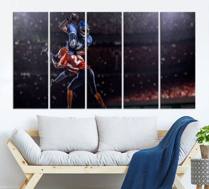 The dining room features the American Football Wall Art Canvas Print, a striking stadium sport piece on a gallery-wrapped, museum-quality canvas with UV-protective coating.