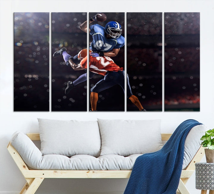 A stylish living room featuring a large gallery-quality American Football Wall Art Canvas Print, showcasing stadium sport imagery, on the wall.