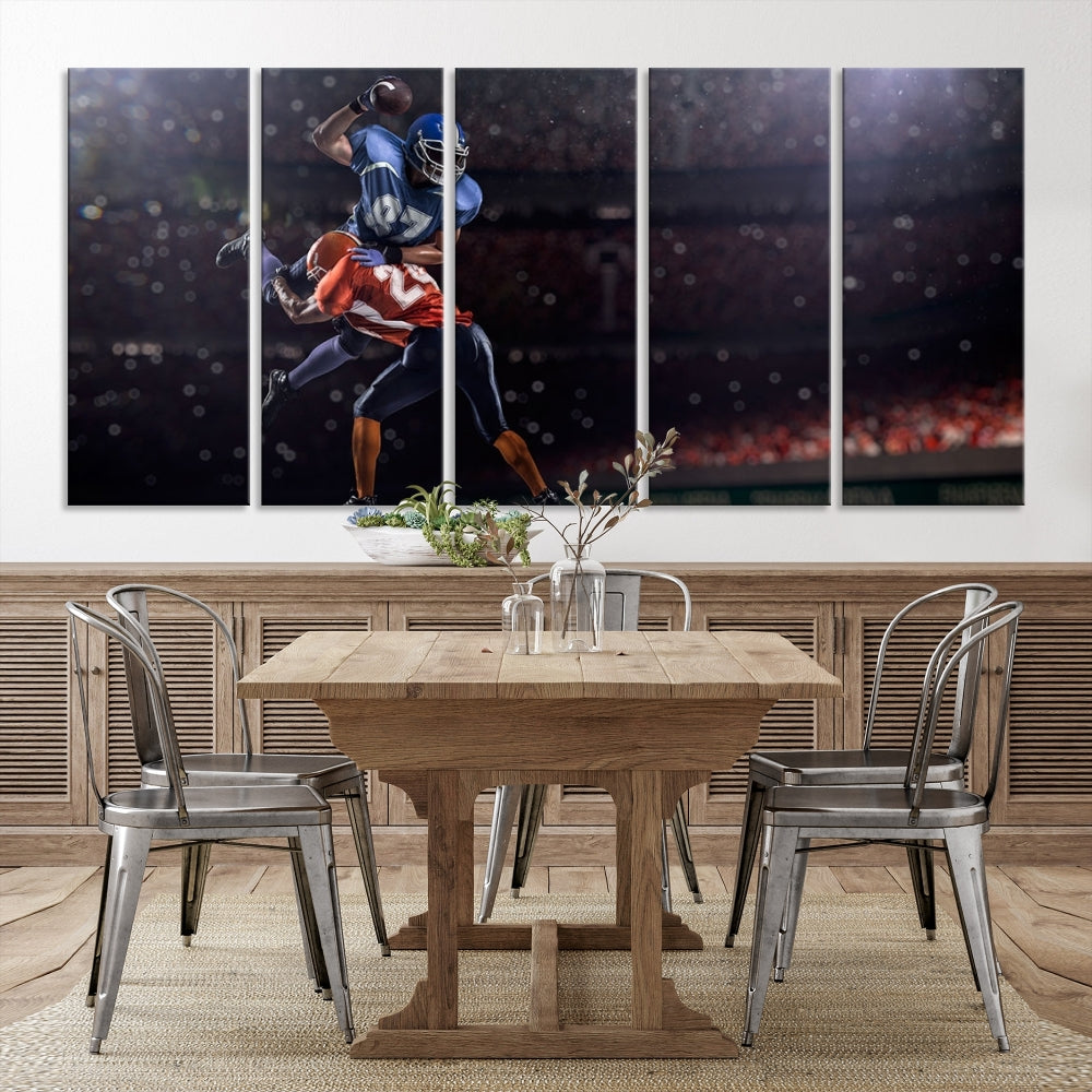 The dining room features the American Football Wall Art Canvas Print, a striking stadium sport piece on a gallery-wrapped, museum-quality canvas with UV-protective coating.