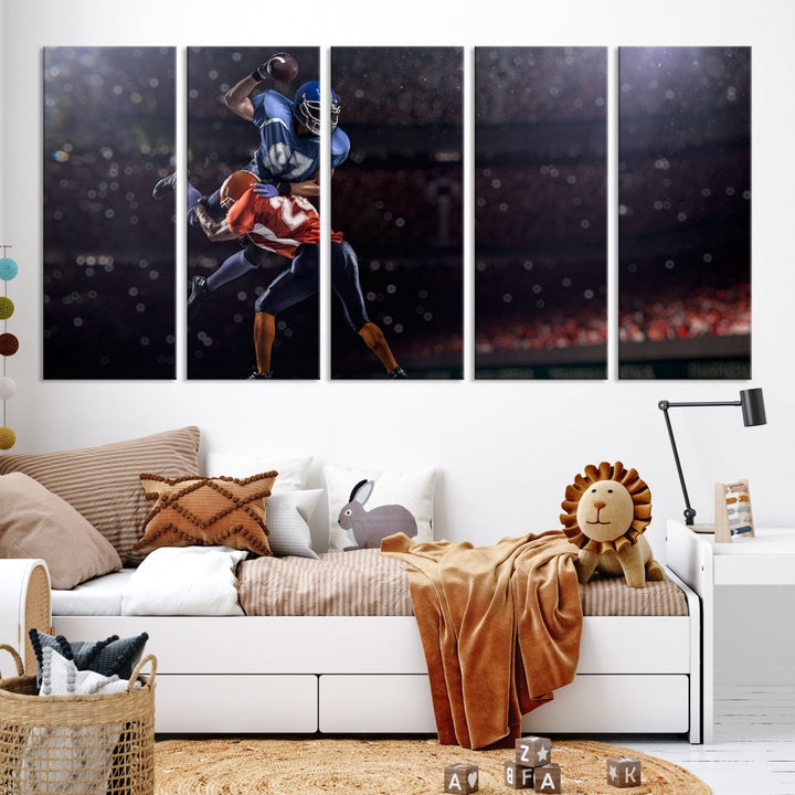 The dining room features the American Football Wall Art Canvas Print, a striking stadium sport piece on a gallery-wrapped, museum-quality canvas with UV-protective coating.