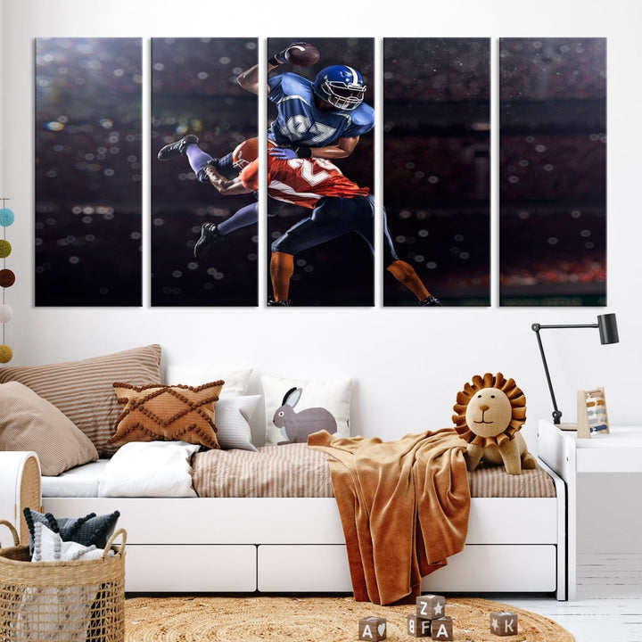 A stylish living room featuring a large gallery-quality American Football Wall Art Canvas Print, showcasing stadium sport imagery, on the wall.