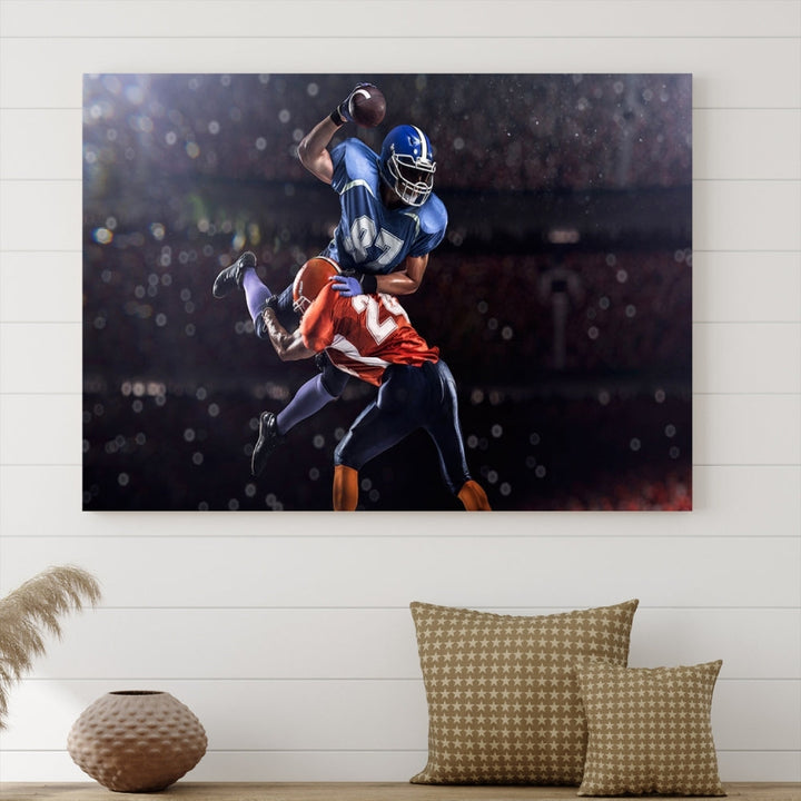 A stylish living room featuring a large gallery-quality American Football Wall Art Canvas Print, showcasing stadium sport imagery, on the wall.