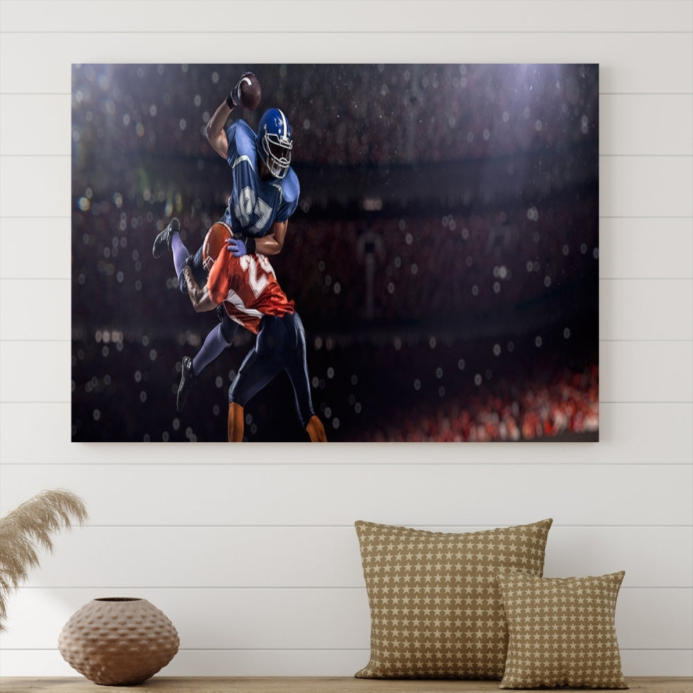 The dining room features the American Football Wall Art Canvas Print, a striking stadium sport piece on a gallery-wrapped, museum-quality canvas with UV-protective coating.