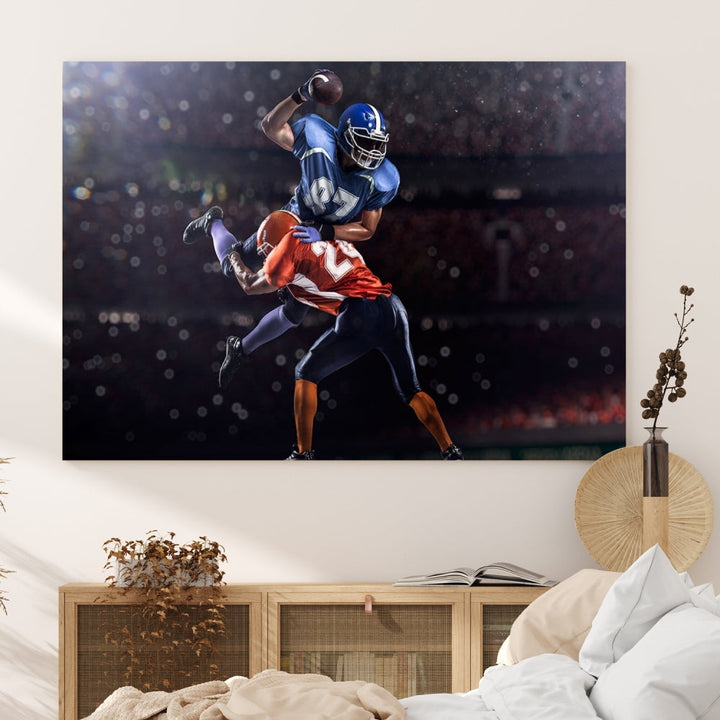 A stylish living room featuring a large gallery-quality American Football Wall Art Canvas Print, showcasing stadium sport imagery, on the wall.