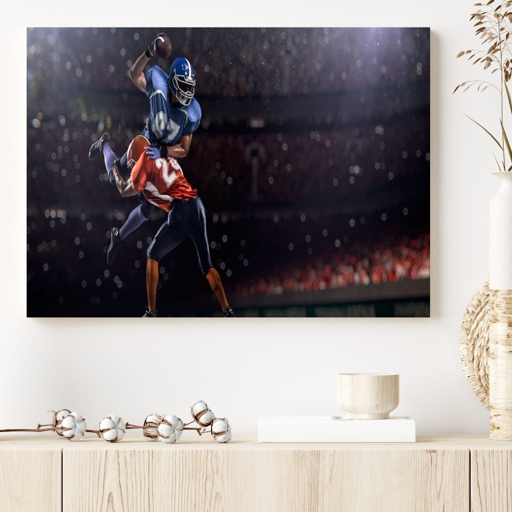 The dining room features the American Football Wall Art Canvas Print, a striking stadium sport piece on a gallery-wrapped, museum-quality canvas with UV-protective coating.