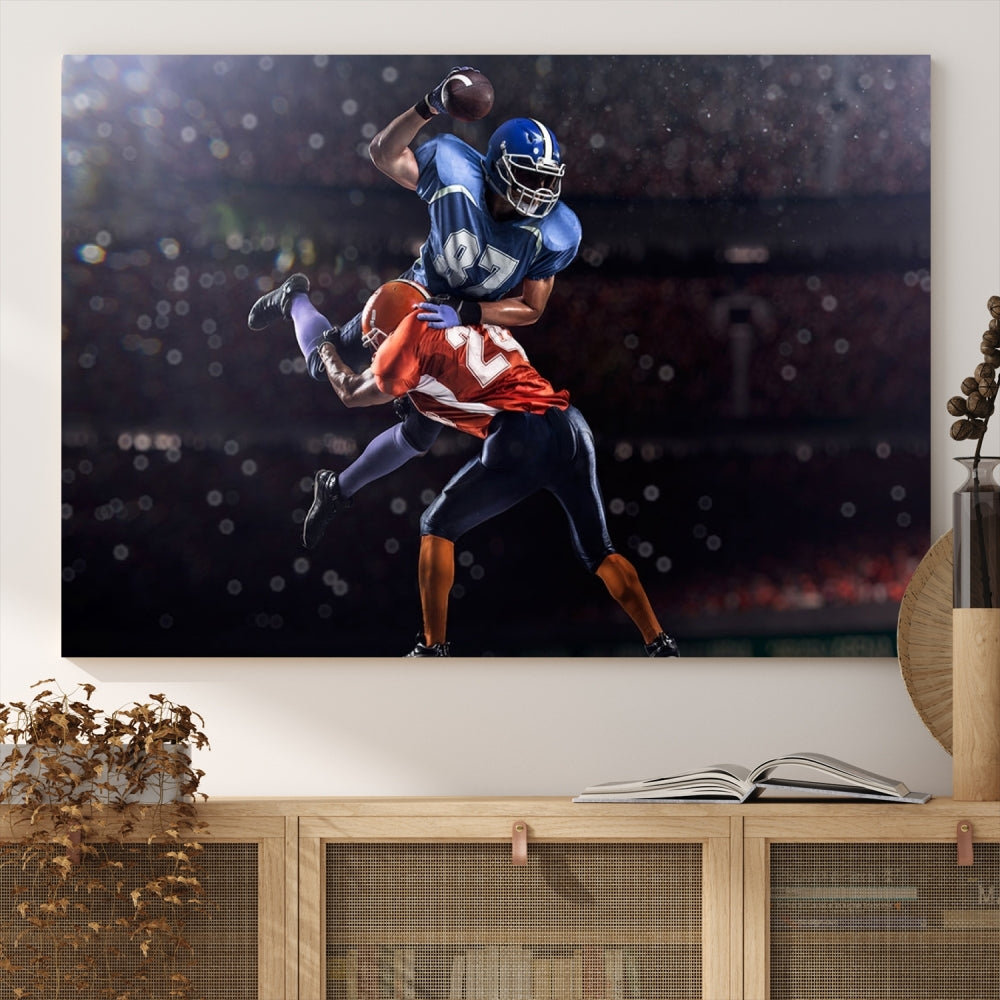 A stylish living room featuring a large gallery-quality American Football Wall Art Canvas Print, showcasing stadium sport imagery, on the wall.