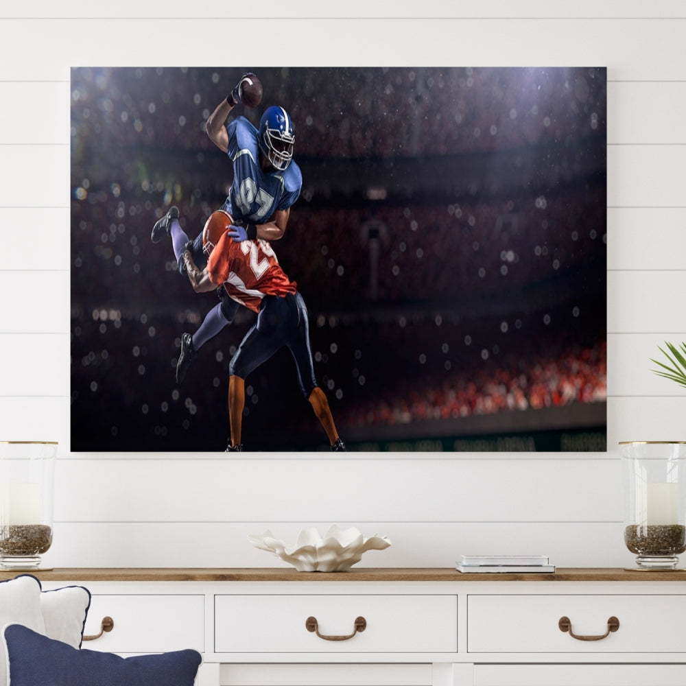 The dining room features the American Football Wall Art Canvas Print, a striking stadium sport piece on a gallery-wrapped, museum-quality canvas with UV-protective coating.