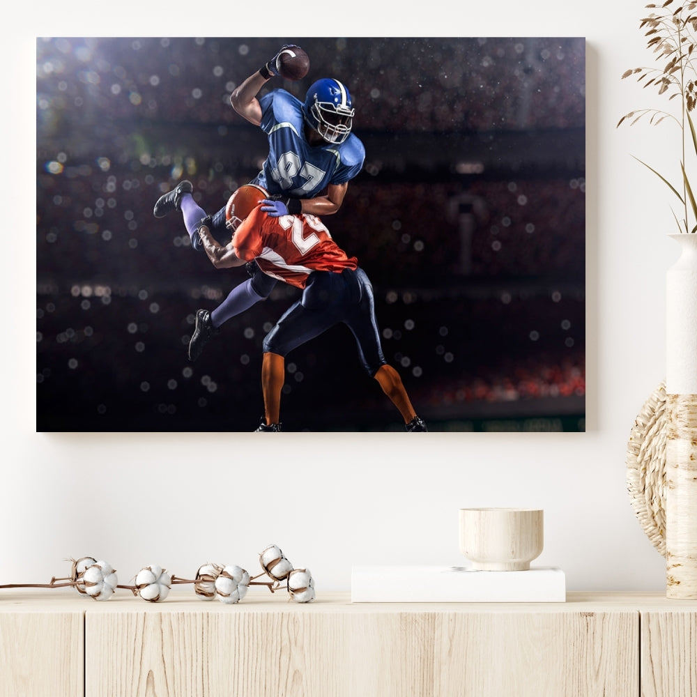 A stylish living room featuring a large gallery-quality American Football Wall Art Canvas Print, showcasing stadium sport imagery, on the wall.