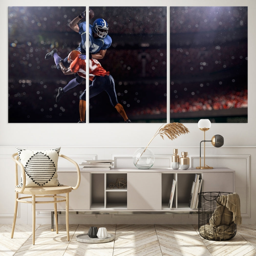 The dining room features the American Football Wall Art Canvas Print, a striking stadium sport piece on a gallery-wrapped, museum-quality canvas with UV-protective coating.