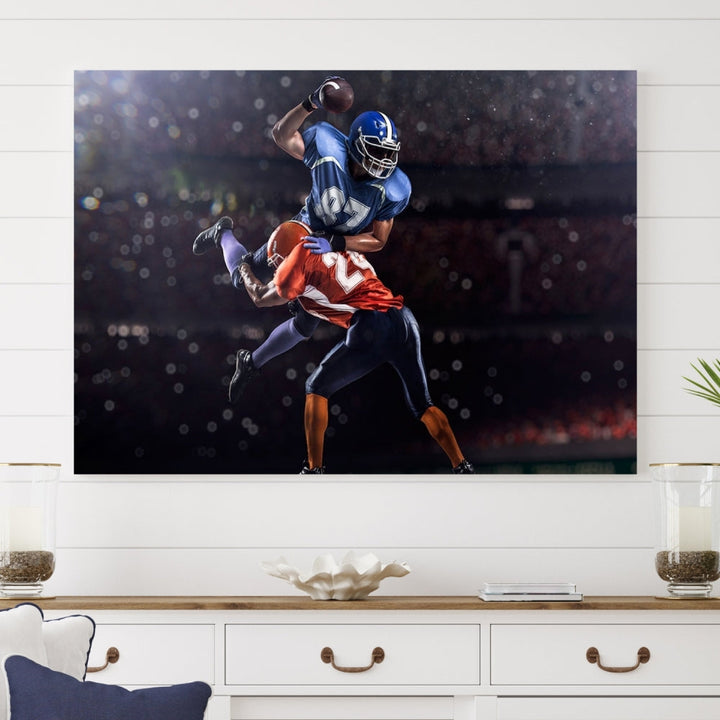 A stylish living room featuring a large gallery-quality American Football Wall Art Canvas Print, showcasing stadium sport imagery, on the wall.