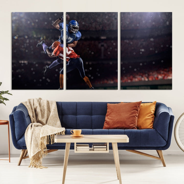 The dining room features the American Football Wall Art Canvas Print, a striking stadium sport piece on a gallery-wrapped, museum-quality canvas with UV-protective coating.