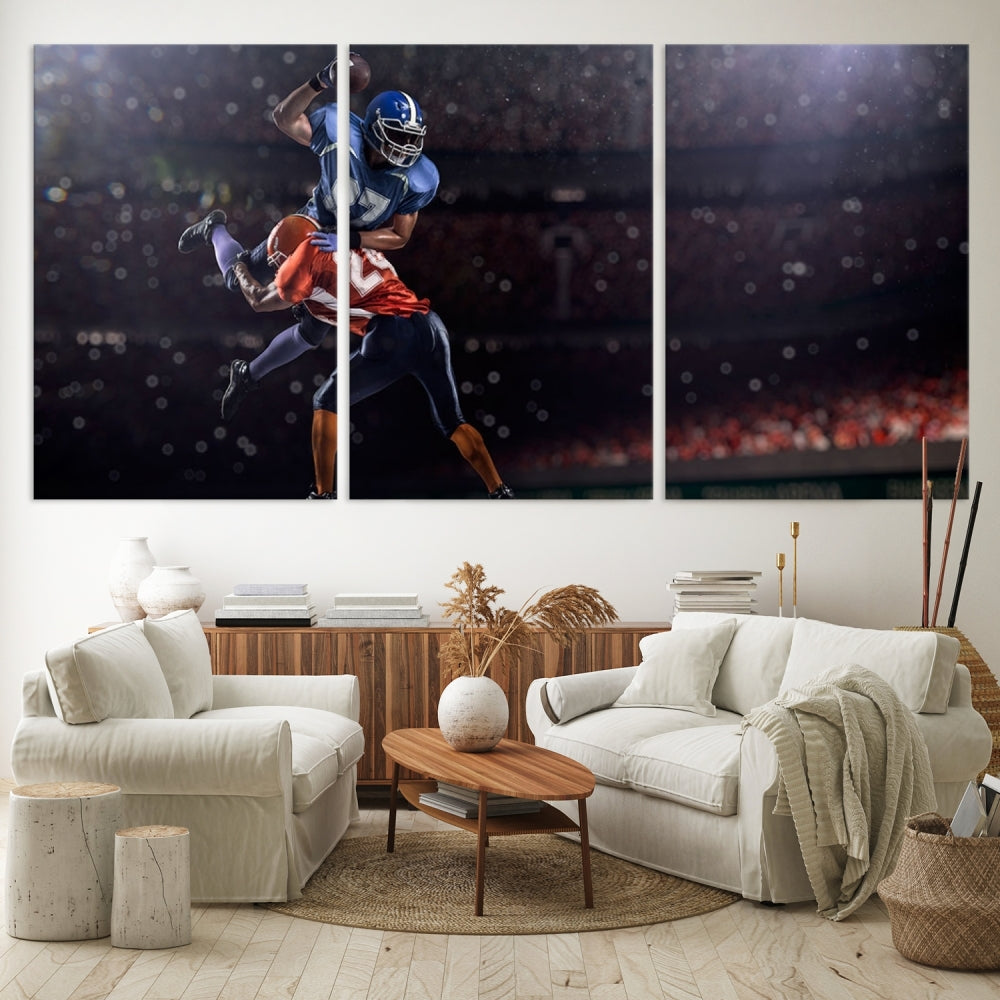 The dining room features the American Football Wall Art Canvas Print, a striking stadium sport piece on a gallery-wrapped, museum-quality canvas with UV-protective coating.